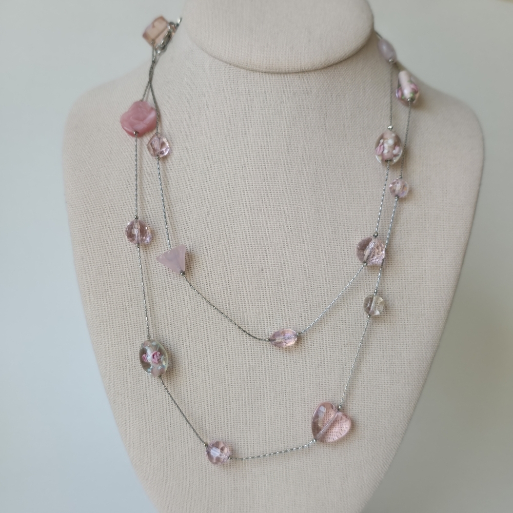 Cookie Lee Pink Floral Glass Bead Silver Tone Necklace Feminine Spring